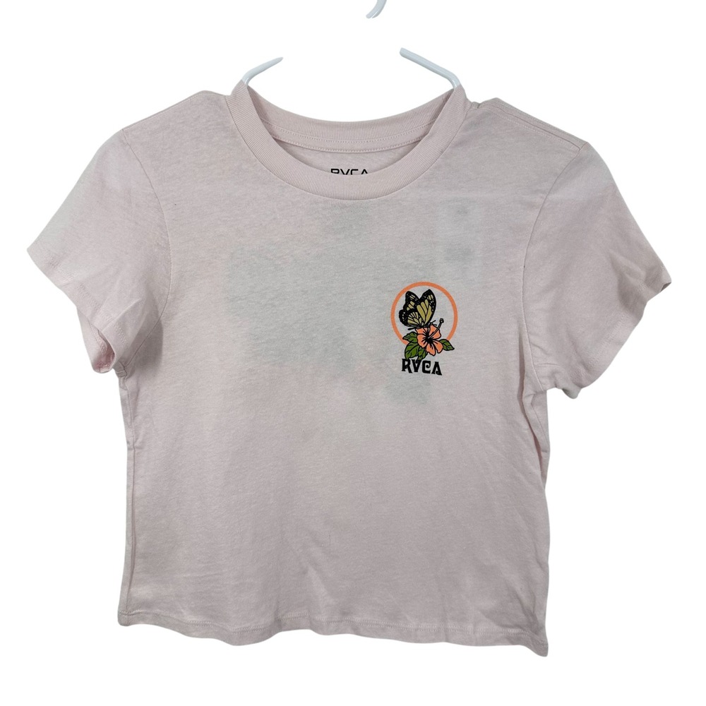 RVCA Wunderlust Baby Tee Light Pink Butterfly Hibiscus Graphic Shirt Surfer NWT